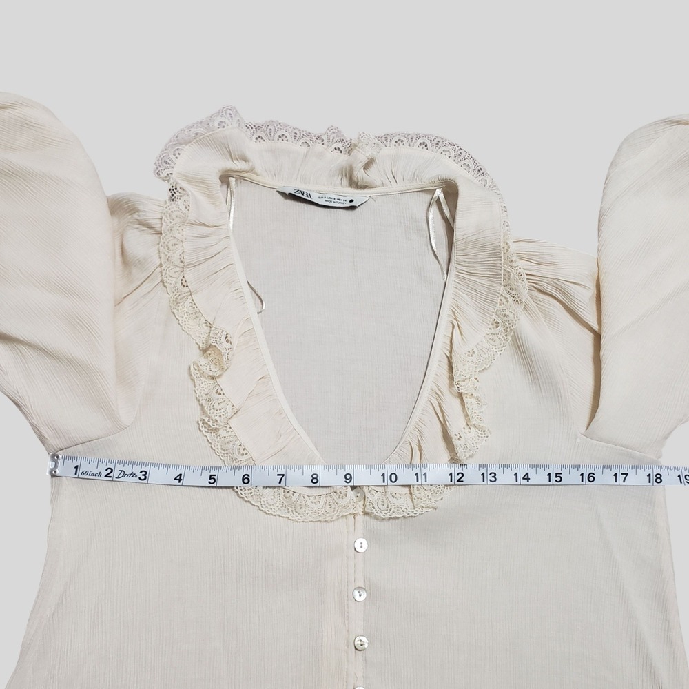 Zara Womens Cream Lace Ruffle V-Neck Button Front Balloon Sleeve Blouse Small - Picture 9 of 12